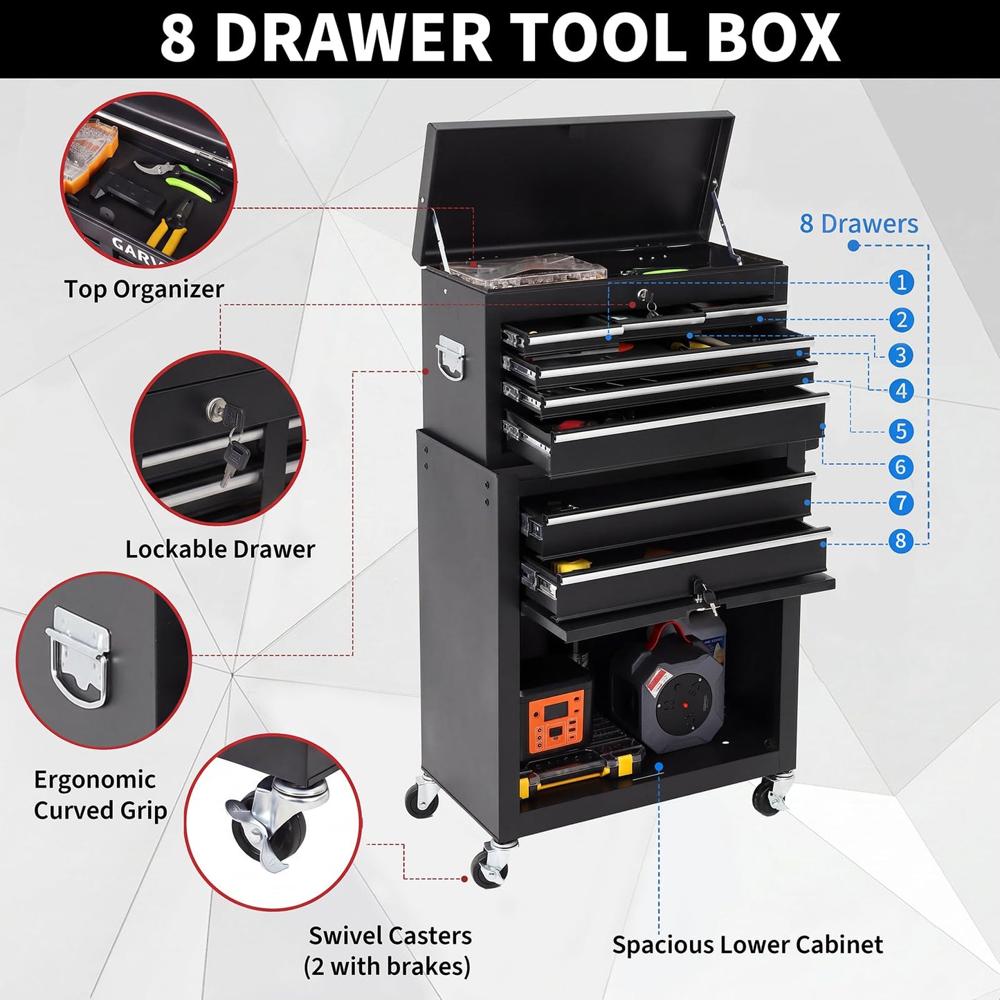 8-Drawer 2-in-1 Rolling Tool Cart with Lock Detachable Top Box - Black