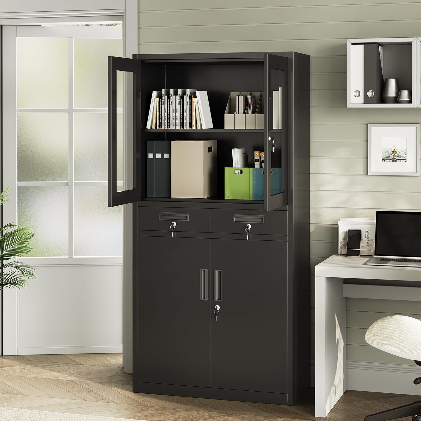 Garvee File Cabinet 2-Drawer Lateral with Lock, Metal Office Filing Cabinet for Letter/Legal/a4, Heavy Duty Storage Organizer, Full Extension Drawers, Anti-Tip Safety, Black, Home Office Organization