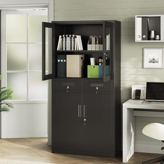 BouPower 71" Black Metal Storage Cabinet with Glass Doors, Garage Storage with 2 Drawers + 2 Adjustable Shelves, Heavy Duty Tool Cabinet with Locking Doors for School, Workshop, Office, Black