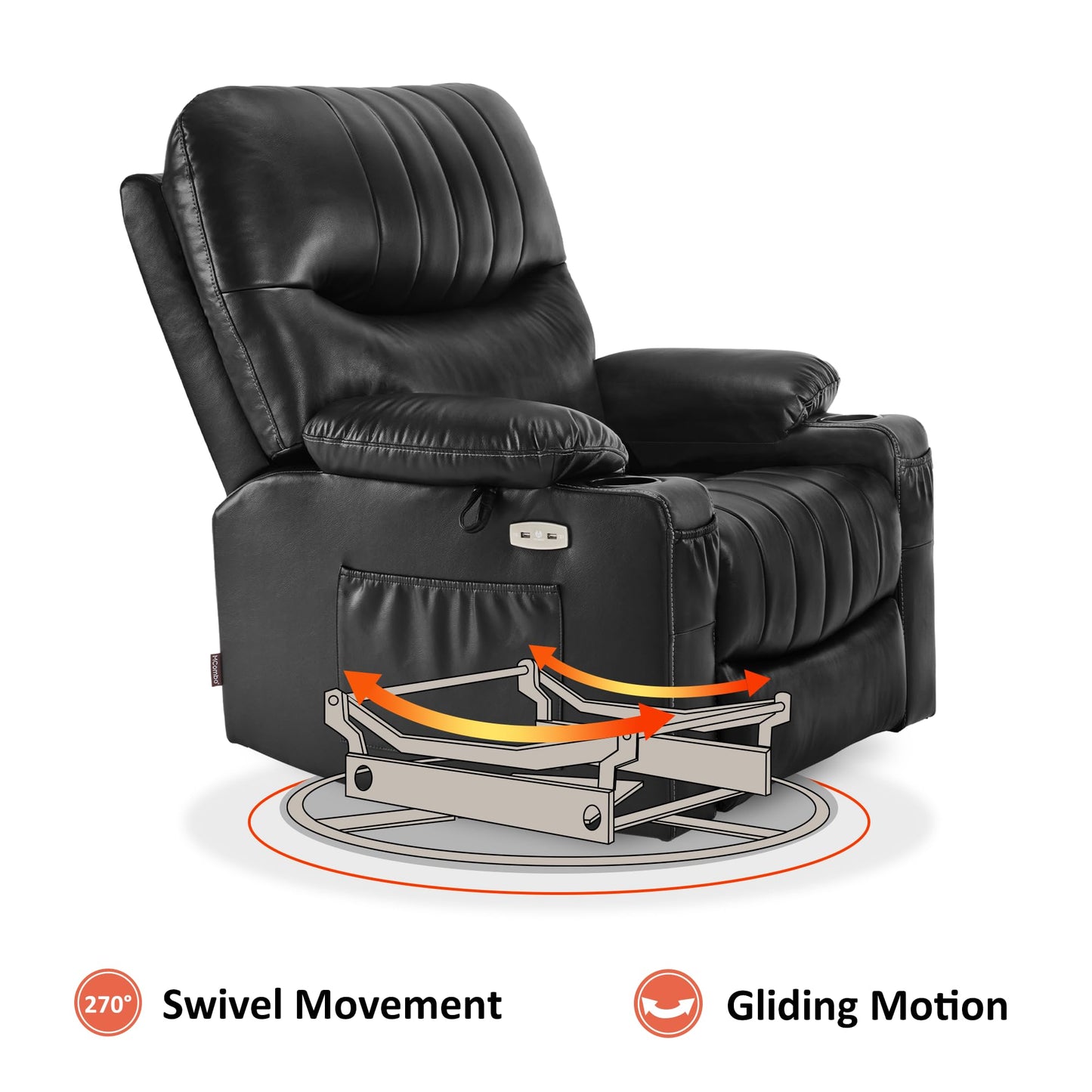 MCombo Oversized Swivel Glider Rocker Power Recliner Chair for Living Room with Heat and Vibration Massage, USB Ports, Cup Holders and Pockets, Faux Leather 7785 (Black)