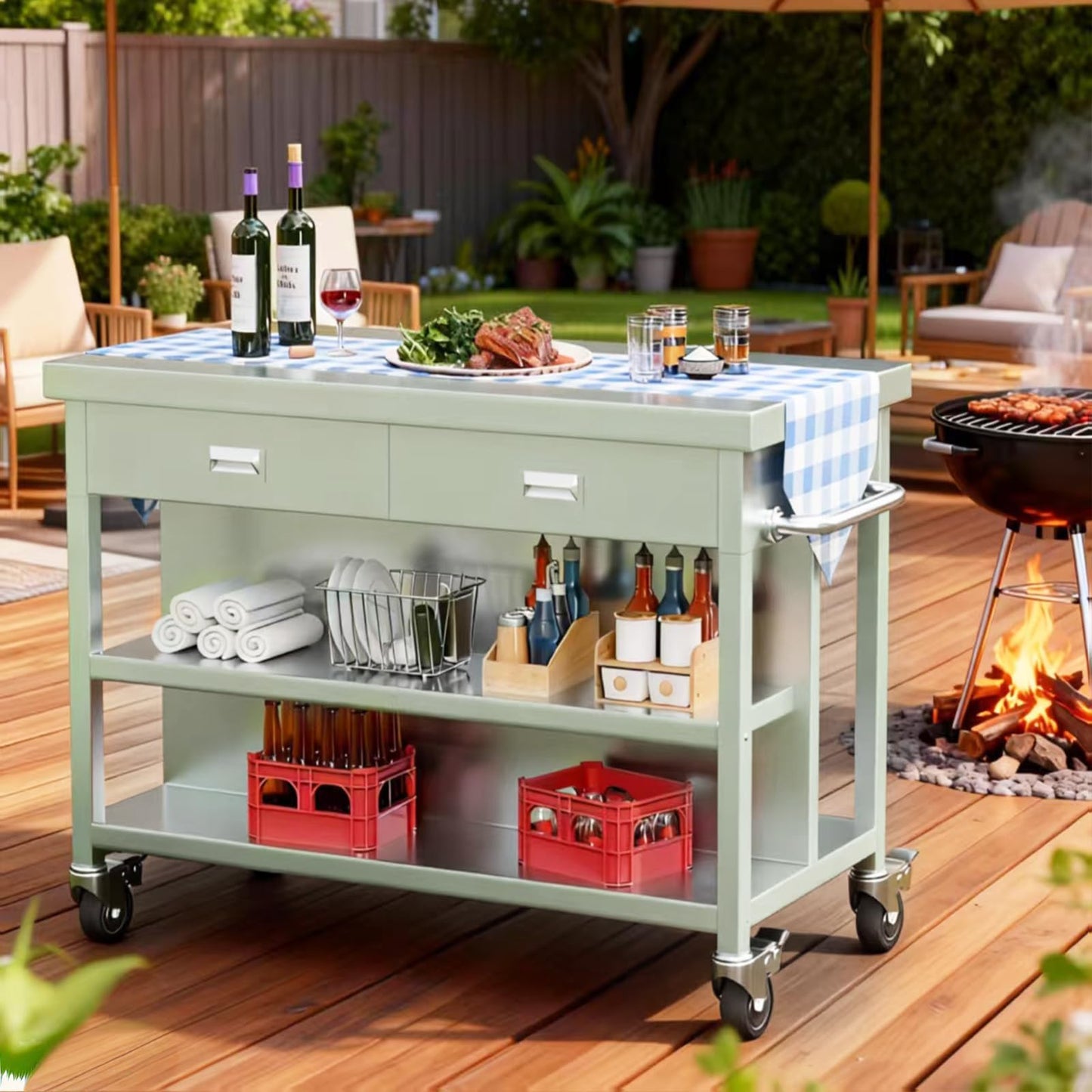 KINGBO 50" Stainless Steel Kitchen Island with Storage, Rolling Kitchen Island Table with 2 Drawers on Wheels, Portable Island Cart for Kitchen, Outdoor, Restaurant, Cafe