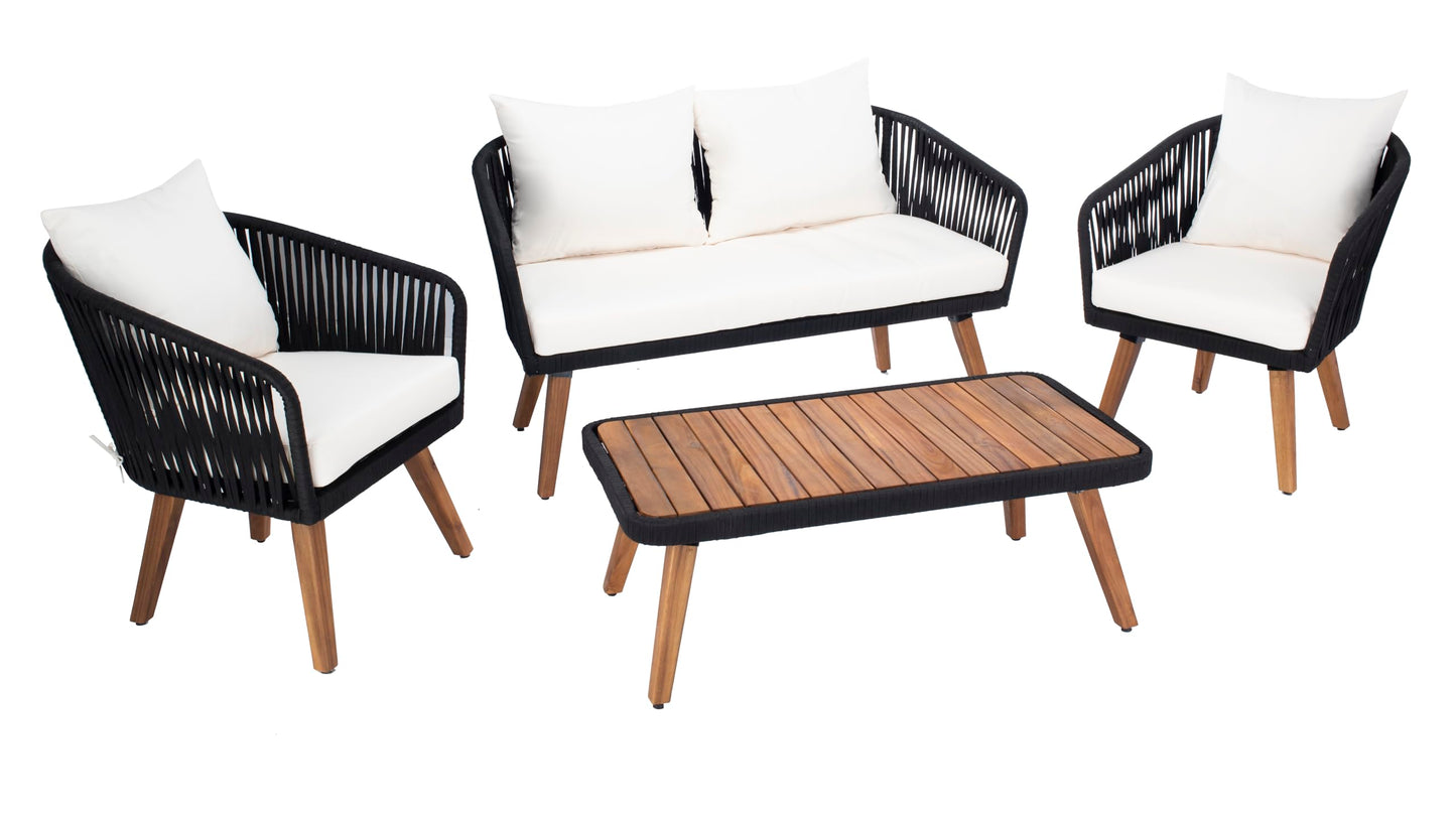 SAFAVIEH Outdoor Collection Ransin Black/Beige/Natural Solid Wood 4-Piece Conversation Patio Set