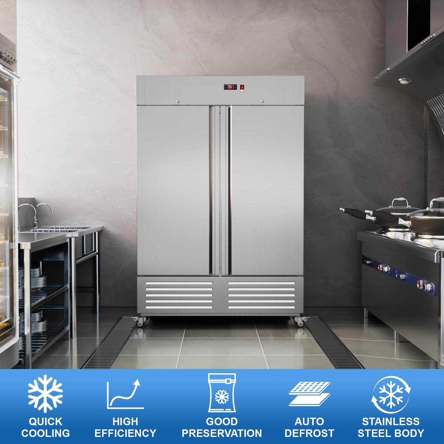 Ferueo Commercial Refrigerator 54" W 2 Door Stainless Steel Reach-in Solid Door Upright Fridge Fan Cooling 49 Cu.ft Refrigerators 32-47°F for Restaurant, Bar, Shop