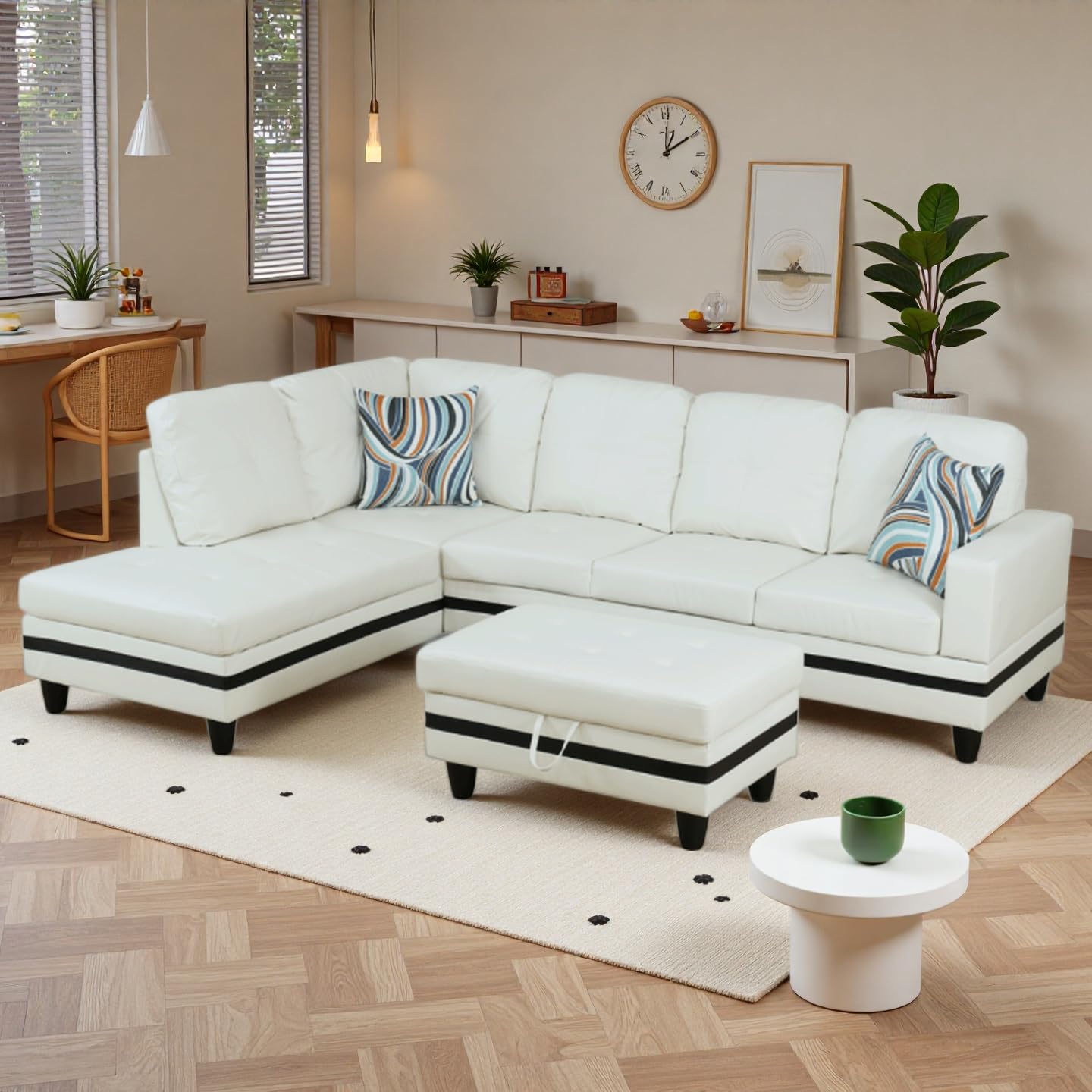 NicBex Sectional Couch 3 Pieces Sofa Set, L-Shaped Modular Couches for Living Room, Furniture Sets with Lounge Chaise & Storage Ottoman, Multi-Scene Use for Apartment & Office, White+Black