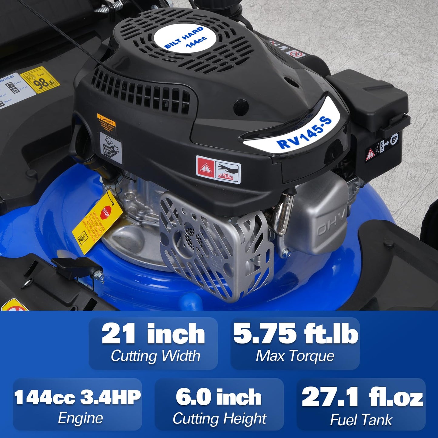 BILT HARD 21 Inch Lawn Mower Gas Powered, 4-Cycle 144cc Engine, 3-in-1 Push Lawnmower with Bagging, Mulching & Side Discharge, Adjustable 8-Positions Cutting Height, Easy Start