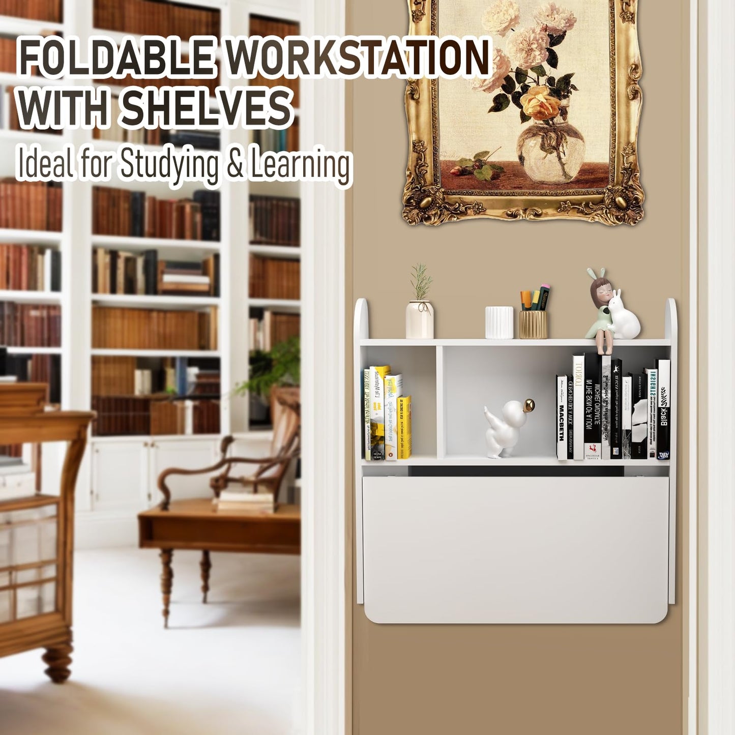 TuckTect Wall Mounted Drop-Leaf Table, Floating Laptop Desk, Folding Table with Shelves, Multifunctional Computer Workstation with Storage Compartments in Home Office for Space Saving (White)