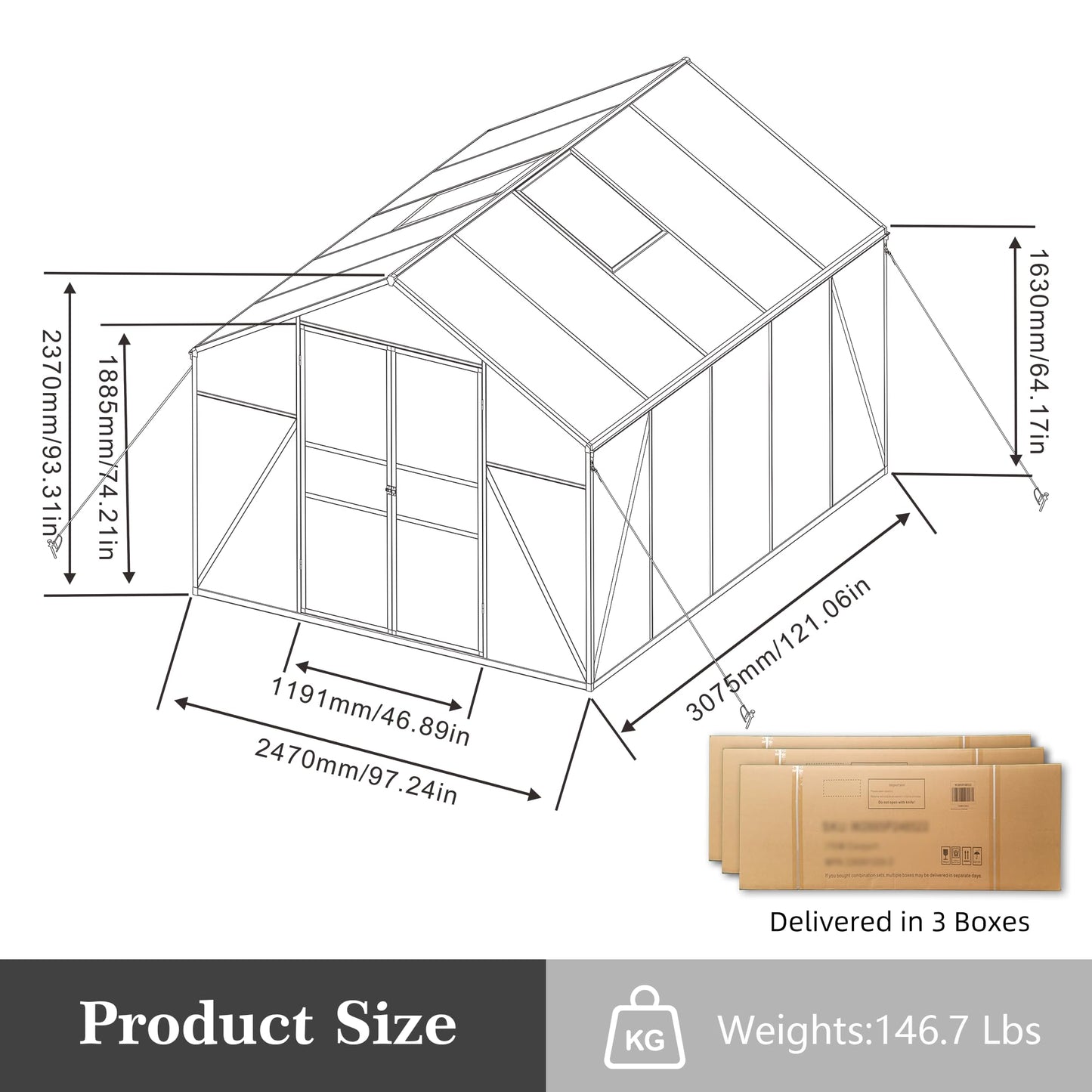 YOPTO 8x10 FT Greenhouses for Outdoor,Heavy Duty Polycarbonate Greenhouse,Large Walk-in Garden Green House with Raised Base,Double Doors and Two Ventilation Windows for Outside, Backyard,Black