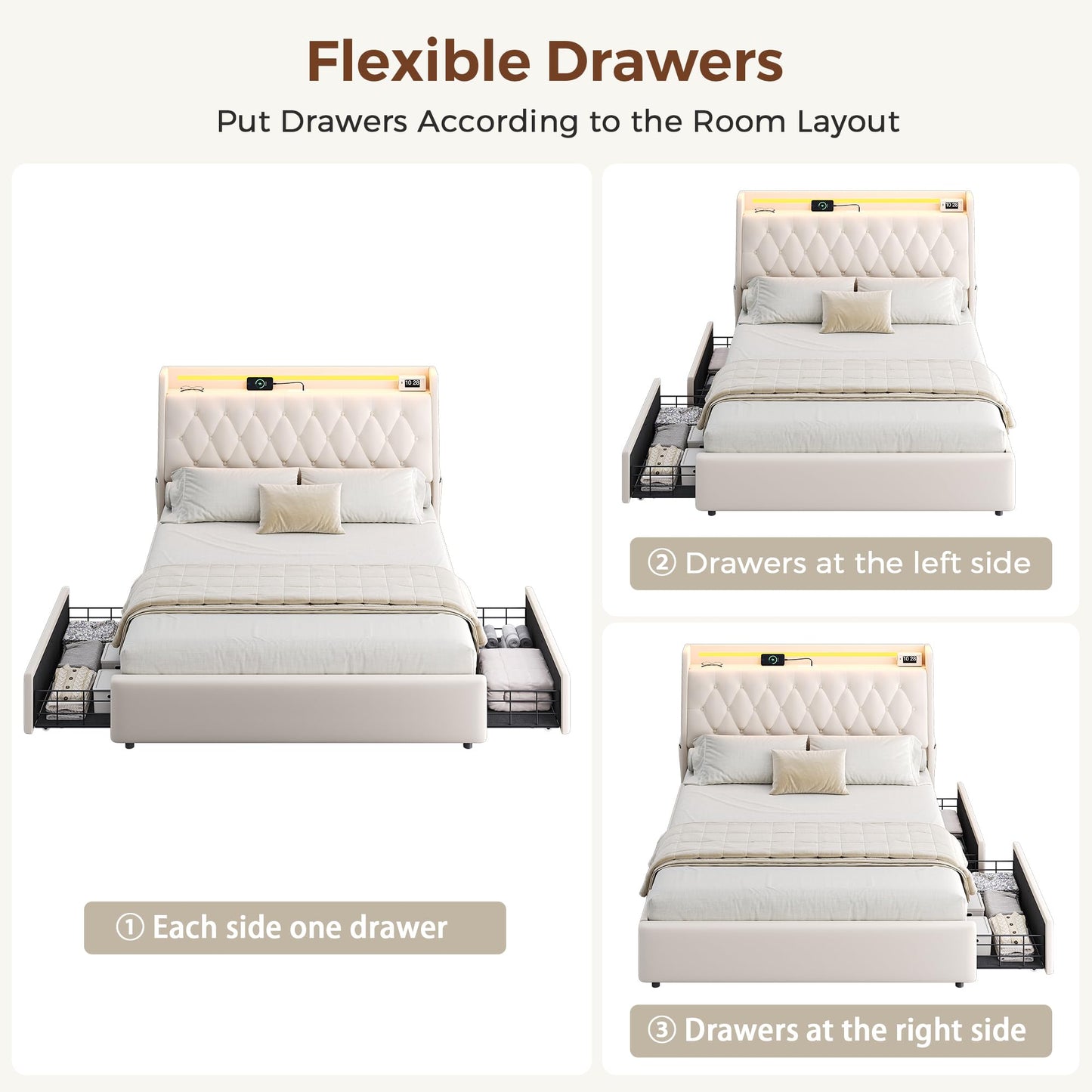Full LED Velvet Bed Frame with 2 Storage Drawers&Hidden Headboard, Upholstered Platform Bed with Charging Station&Button Tufted Design, Wooden Slats Support, Box Spring Optional, Easy Assembly, Beige