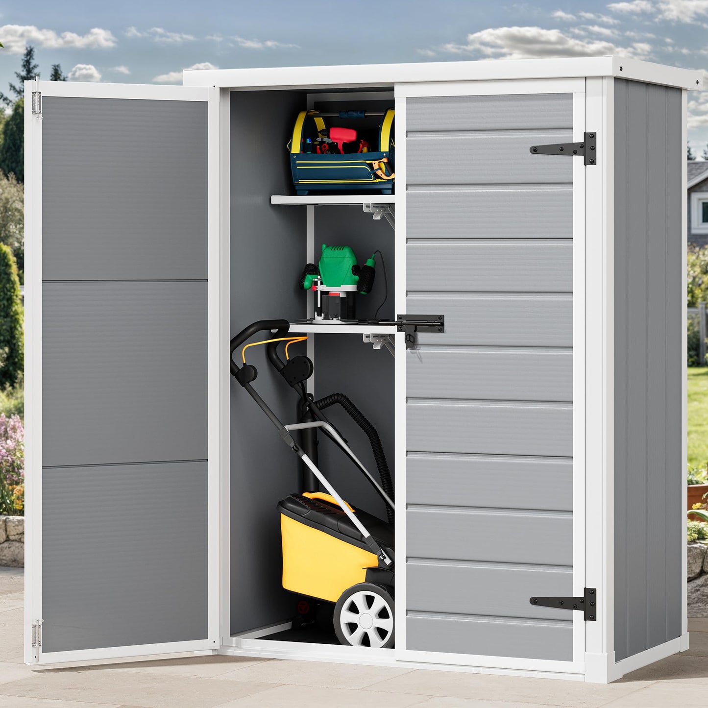 DWVO Outdoor Tall Storage Shed 50 Cuft with 2 Shelves, 4.3x2x5.5ft Vertical Tool Shed with Floor & Lockable Doors, Sturdy Double-Wall Plastic Cabinet for Garbage Cans and Garden Equipment
