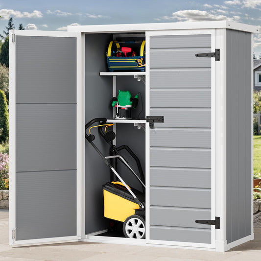 DWVO Outdoor Tall Storage Shed 50 Cuft with 2 Shelves, 4.3x2x5.5ft Vertical Tool Shed with Floor & Lockable Doors, Sturdy Double-Wall Plastic Cabinet for Garbage Cans and Garden Equipment