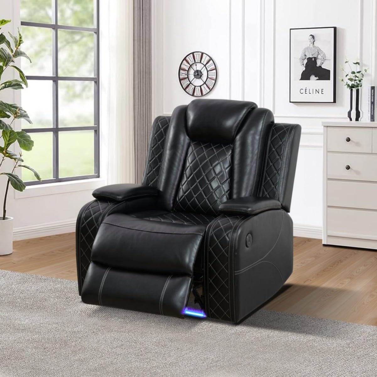 UOCFYK Electric Power Recliner Chair Living Room Furniture, Comfy Wide Lazy Home Theater Breathing Leather Seating with USB 2.0 Charging Ports, LED Light Strips (Black)
