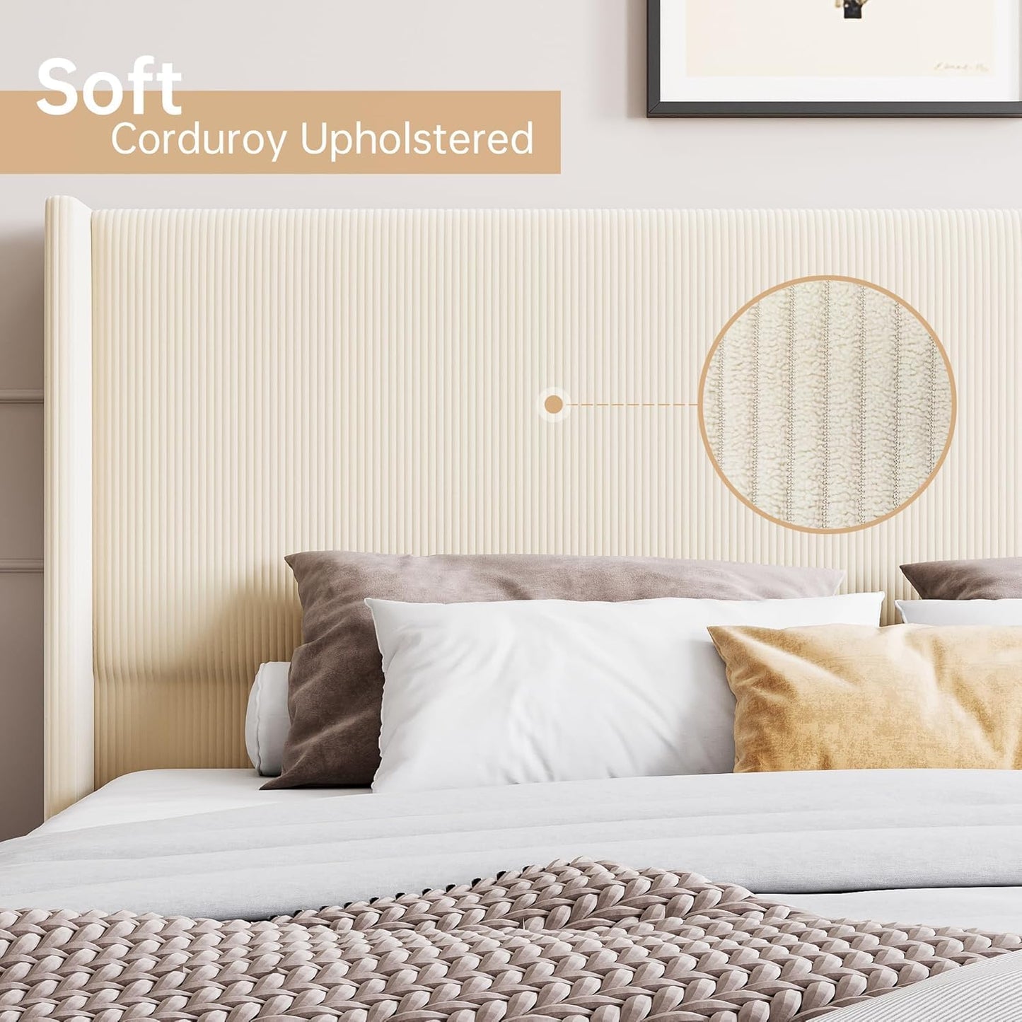 GarveeHome King Size Bed Frame, Upholstered Platform Velvet King Bed Frame with Vertical Channel Tufted Wingback Headboard, Strong Wooden Slats, No Box Spring Needed, Easy Assembly, Beige