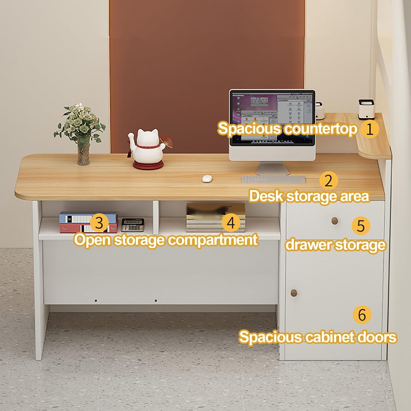 Modern Reception Counter Desk for Front Desk, Lobby & Salon - Retail Counter with Display Shelf & Drawers