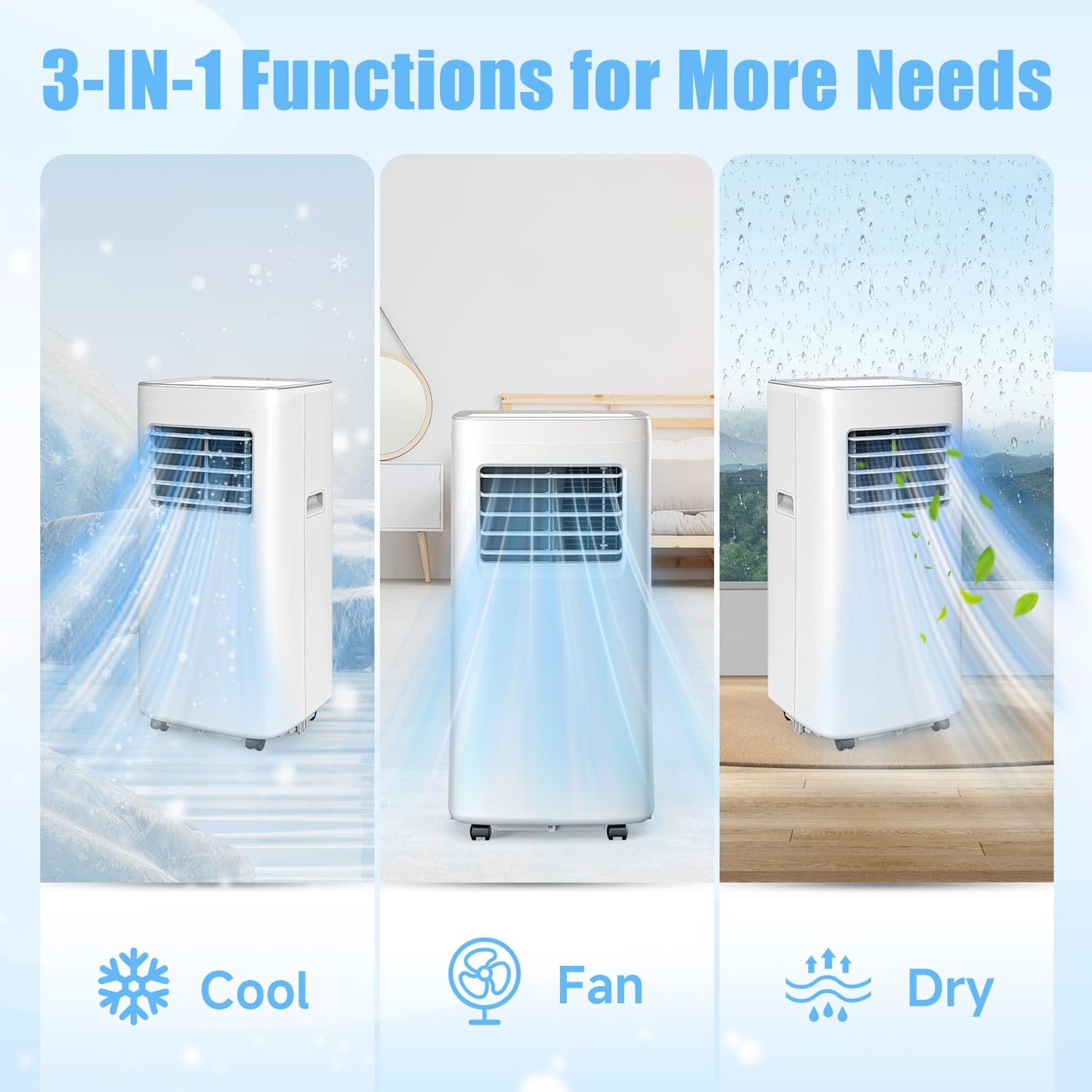 Portable Air Conditioners, 3-in-1 8500 BTU Cooling Unit with Fan & Dehumidifier for Room, Quiet Operation, Cools up to 450 sq.ft, Complete Window Installation Kit for Home Office