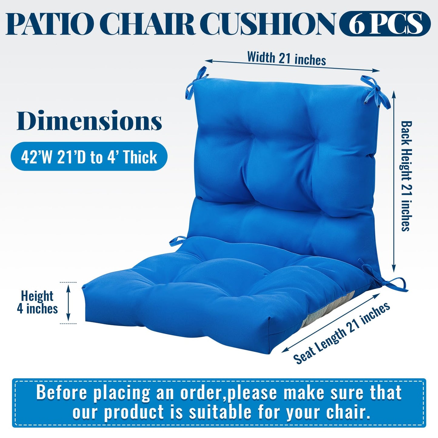 Marsui 6 Pcs Outdoor Indoor High Back Chair Cushions Patio Furniture Tufted Pillow with Ties Water-Resistant Replacement Outdoor Rocking Chair Cushions, 42 x 21 Inches (Blue,Solid Color)