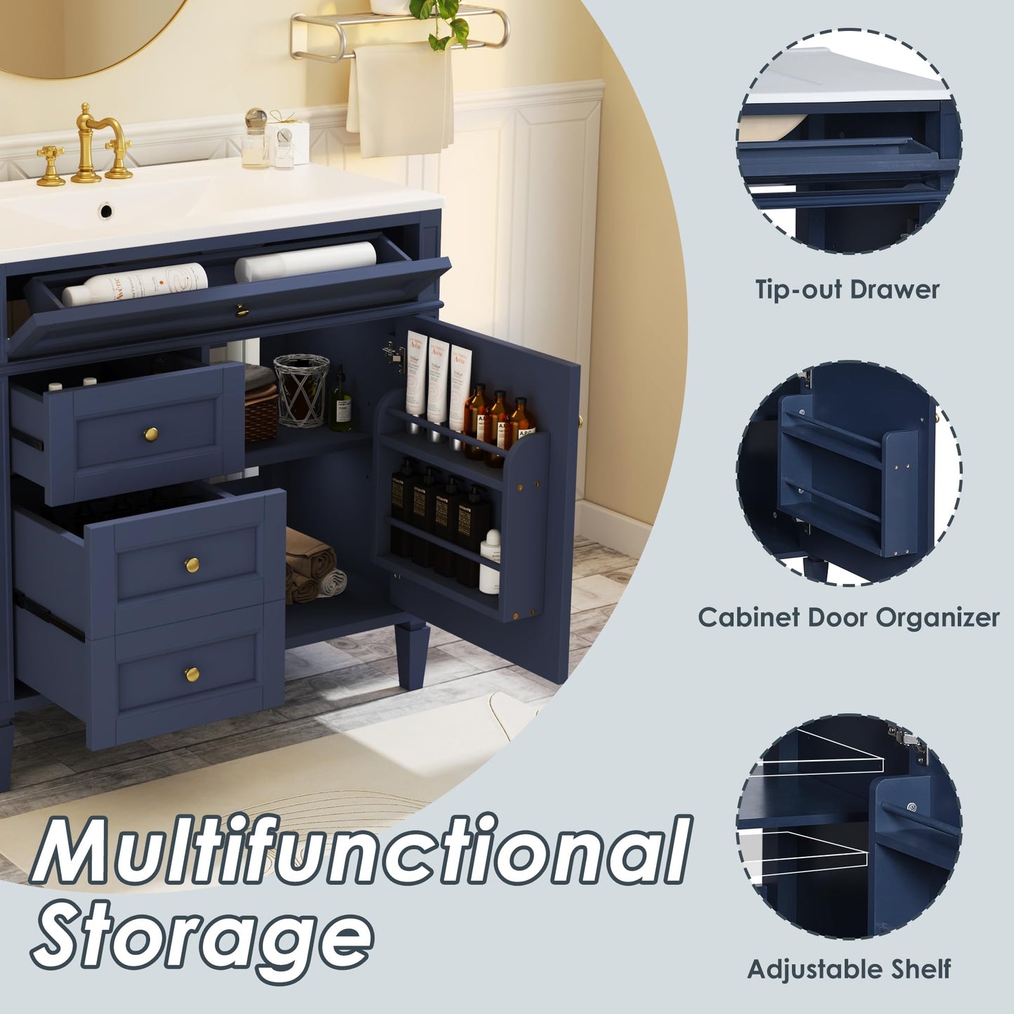 Merax 30 Inch Bathroom Vanity with Ceramic Sink, Solid Wood Frame Modern Bathroom Sink Storage Cabinet with 2 Drawers and a Tip-Out Drawer, Single Sink Bathroom Vanities, Navy Blue