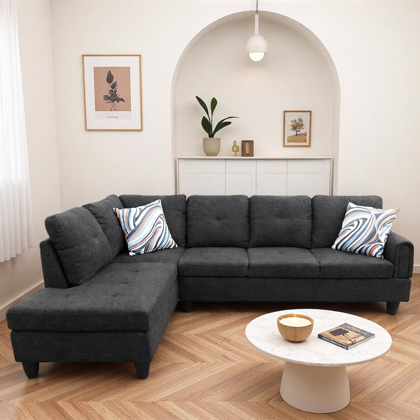 Trygoal Modern L-Shaped Sectional Sofa with Chaise Lounge, 4-Seater Fabric Couch with High-Density Foam Cushions, for Living Room, Apartment, Studio, Easy Assembly, Off-White