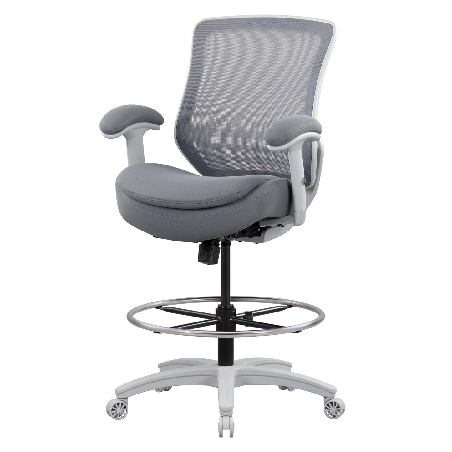 WITTLONG 400lbs Office Drafting Chair Wide Dual Seat Cushion Height Adjustable Armrest for High Standing Desk with Lumbar Support and Enlarged Adjustable Footrest (Light Gray Frame Light Gray Fabric)