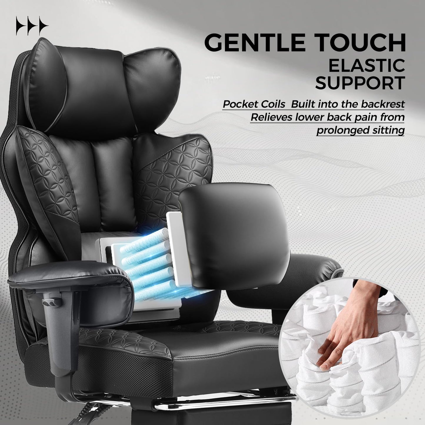 COMHOMA Big and Tall Office Chair Heavy Duty Wide Ergonomic Gaming Chair with Deluxe Embossing Designed Leather with Foot Rest,150°Reclining Adjustable Armrests Pocket Spring Back Support and Pillow