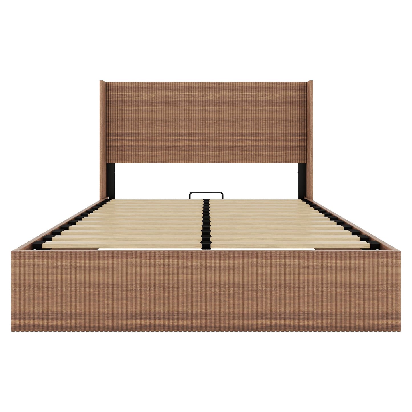 Ball & Cast Queen Size Lift Up Storage Bed Frame with Wingback Headboard,Wooden Grooved Undulating Platform Bed Frame Queen with Hydraulic Storage,No Box Spring Needed,Rustic Brown