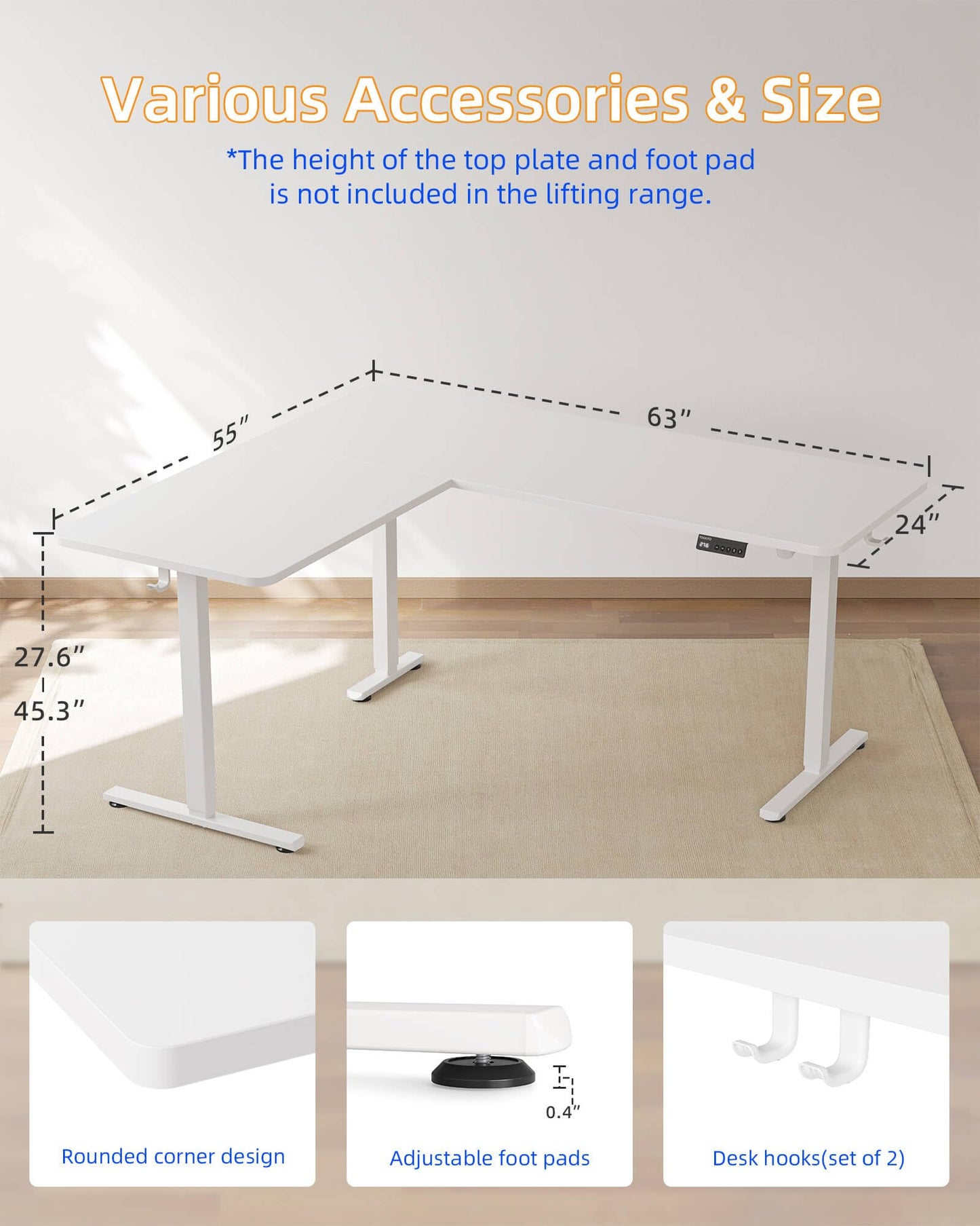 YIHAYO L Shaped Standing Desk Adjustable Height, 63 x 55 Inches Electric Corner Standing Desk with Splice Board, Computer Desk for Home Office, White