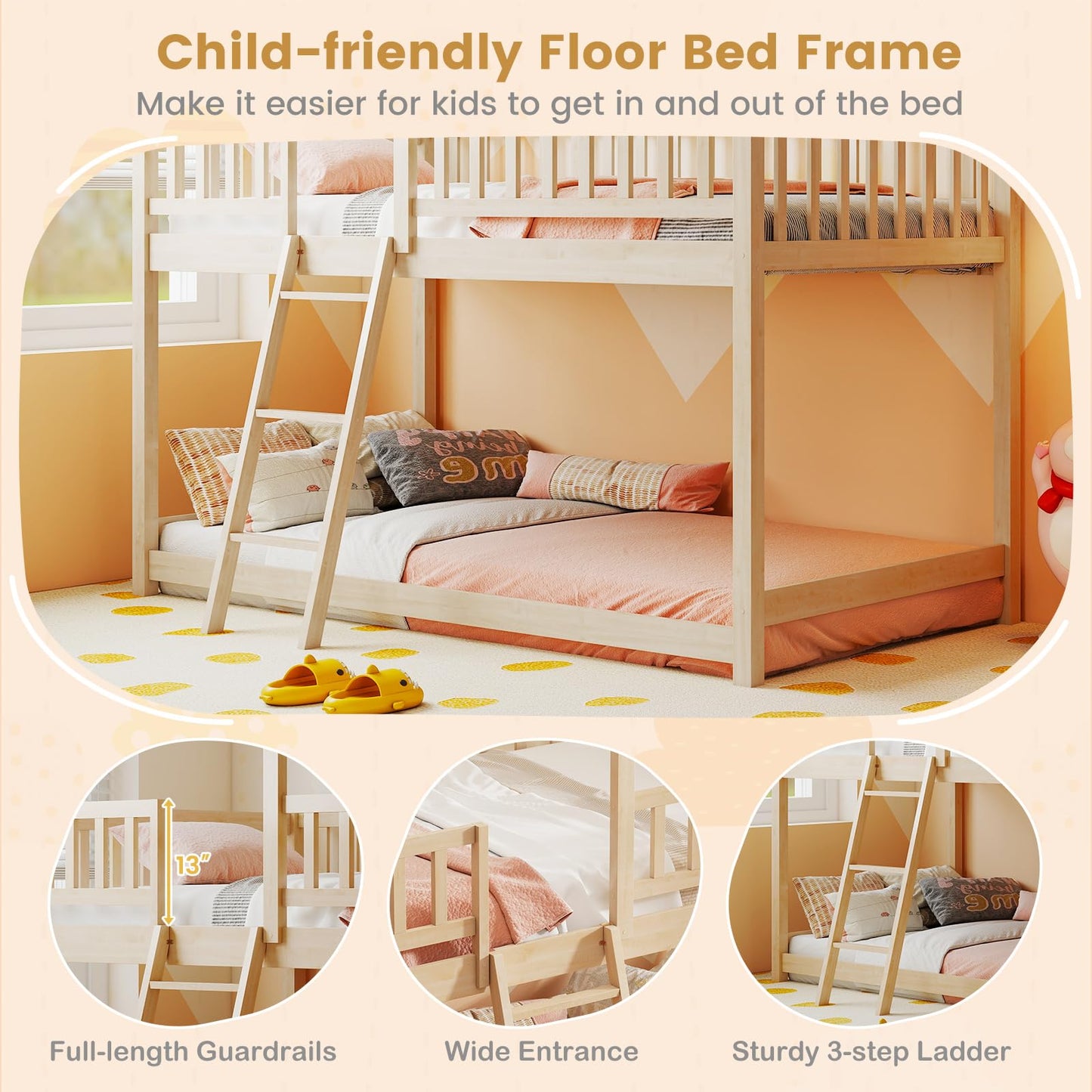 Giantex Twin Over Twin House Bunk Bed, Low Loft Bed Frame with Roof, Wood Bunk Bed with Ladder & Full-Length Guardrails, Twin Floor Bed for Kids Teens Boys Girls, No Box Spring Needed (Natural)