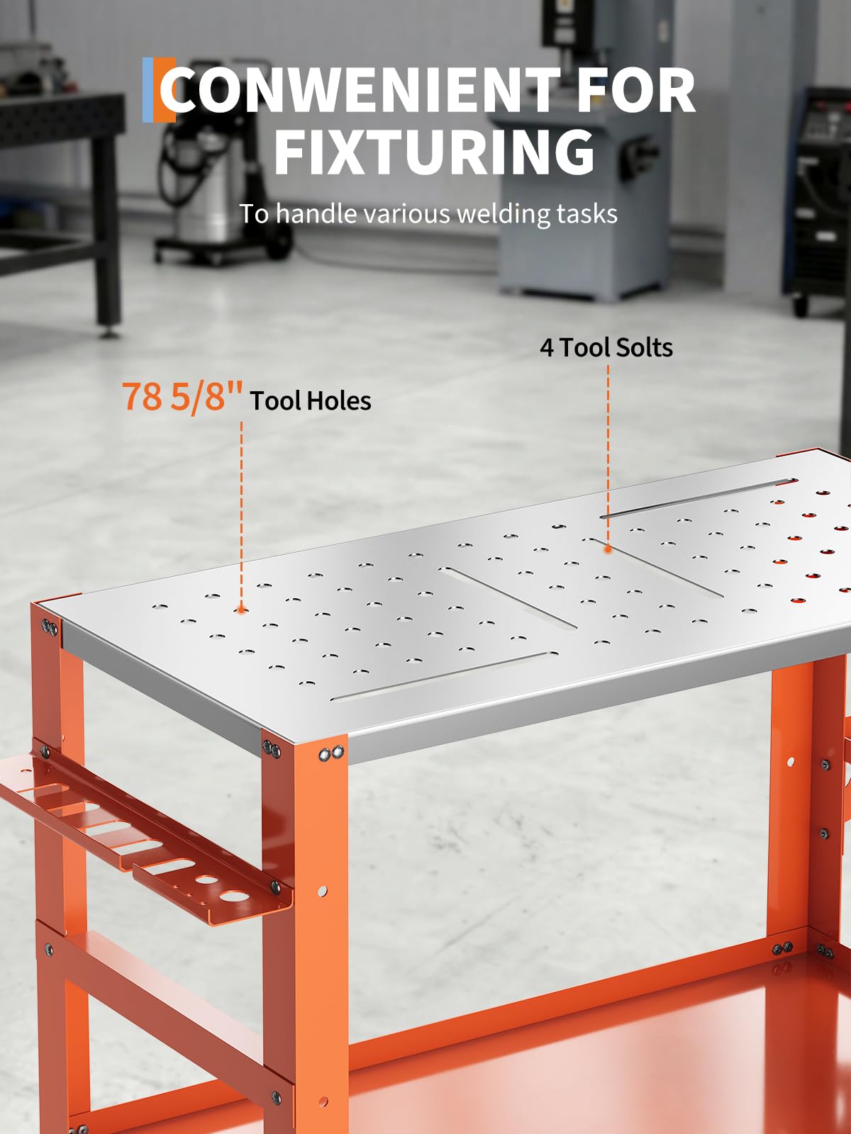 36" x 18" Welding Table, 1200 Lbs Capacity Welding Workbench Table Top with Lockable Wheels,Tool Rack & Tray, 4 Tool Slots and 5/8" Fixture Holes for for Welding Repair Works, Orange