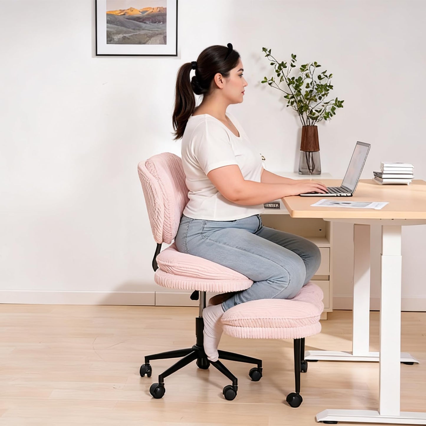 Extra-Wide & Tall Cross-Legged Office Chair – Deeply-Padded Cloud Seat, Ergonomic Back Support, Adjustable Height for ADHD & Meditation,Pink
