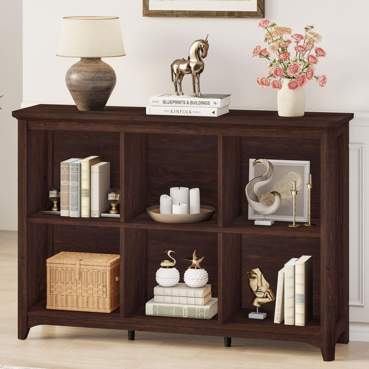 BON AUGURE 6 Cube Storage Organizer Book Shelf, Horizontal Bookshelf with Round Corners, Rustic Low Wooden Bookcase for Living Room, Bedroom, Office - Brown Cherry, 43" Wide