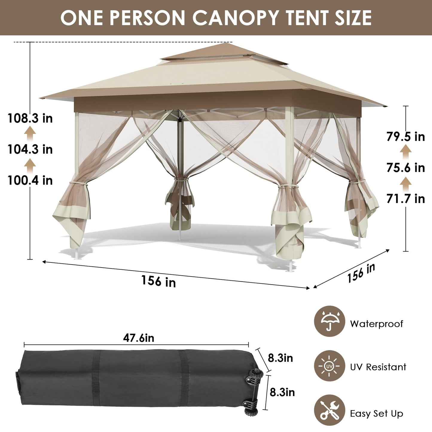 MAMIZO 13ft Pop Up Gazebo, Outdoor Instant Canopy Tent w/4 Netting Sidewall & Auto Extending Eave, Patio Gazebos Shelter w/Mesh Wall, Center Lock, Wheeled Bag for Garden, Yard (Khaki, 13X13FT)