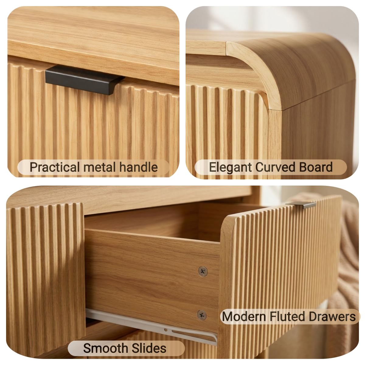 FURSUN Fluted 6 Drawers Dresser for Bedroom, 54" Wide Wooden Dresser with Metal Handle, Curved Profile Design, Modern Storage Organizer for Bedroom, Living Room, Hallway, Natural Oak