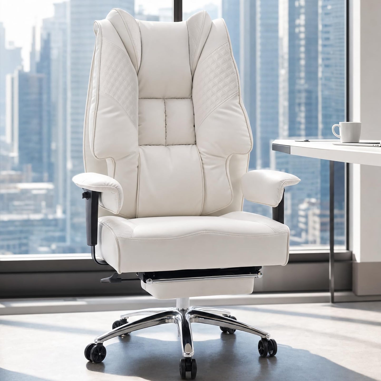 EXCEBET Big and Tall Office Chair 400lbs Wide Seat, Leather High Back Executive Office Chairs with Foot Rest, Ergonomic Lumbar Support for Lower Back Pain Relief (White)