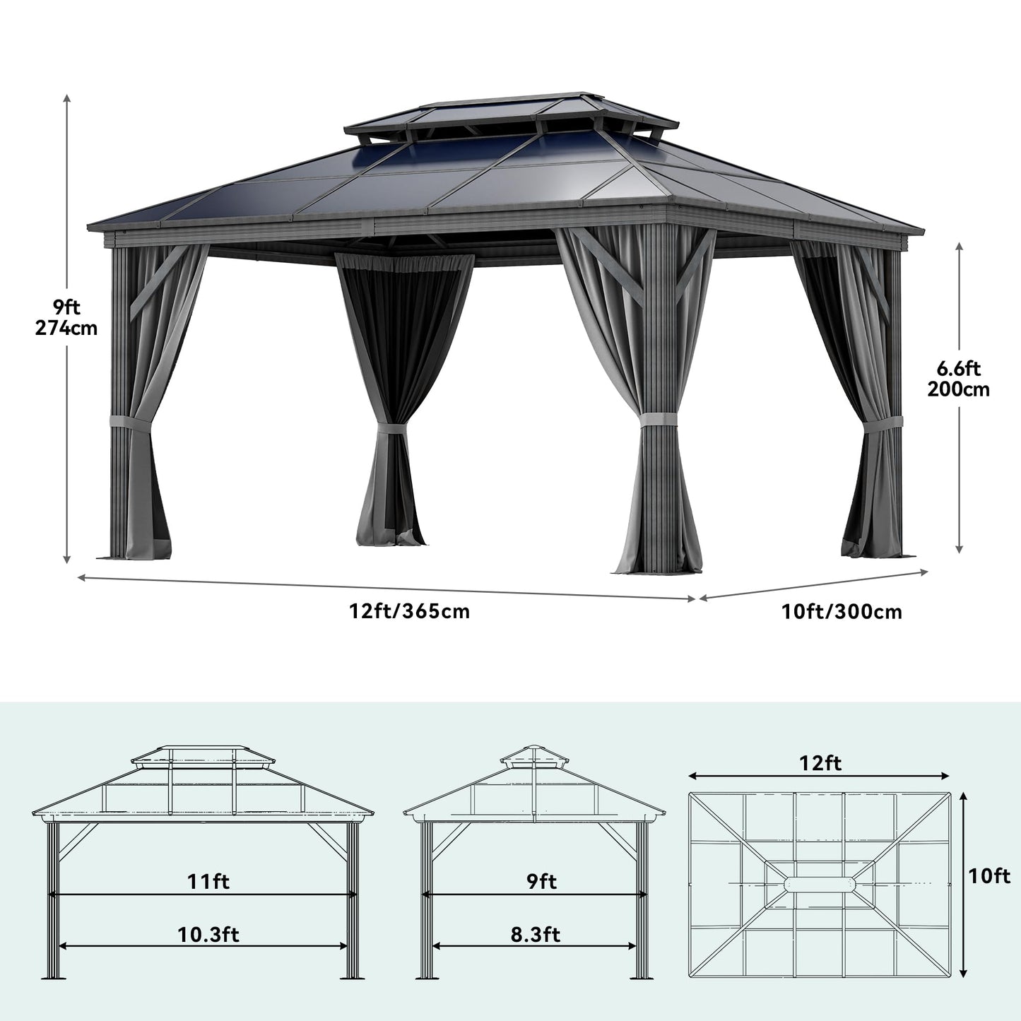 YITAHOME 10X12FT Polycarbonate Gazebo Outdoor Patio Double Top Canopy Galvanized Iron Metal Column Garden Tent Curtains Netting for Backyards Decks Lawns,Gray