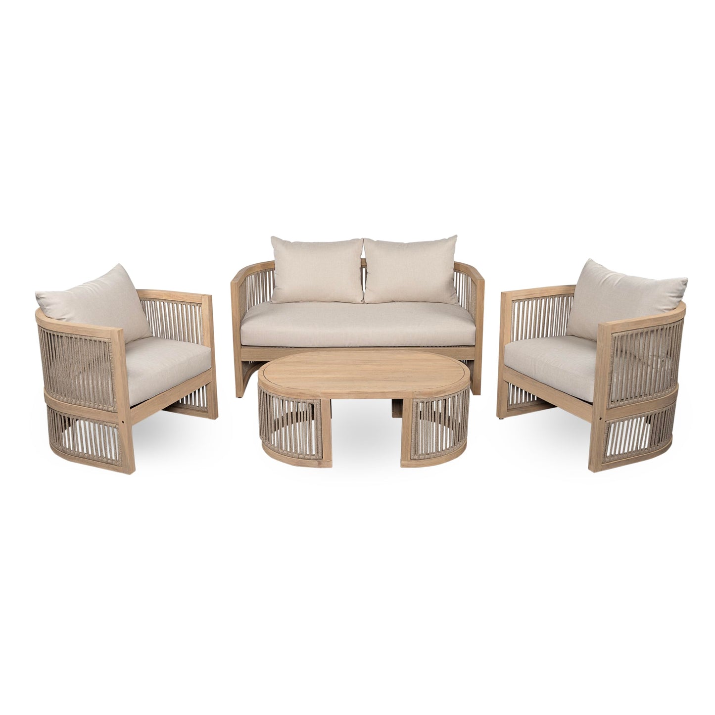 Christopher Knight Home Delbert Acacia Wood 4 Piece Patio Furniture Set, Wooden Patio Conversation Set with Club Chair+Coffee Table, 4-Seater Outdoor Loveseat Sofa Chair and Table Set, Natural+Beige