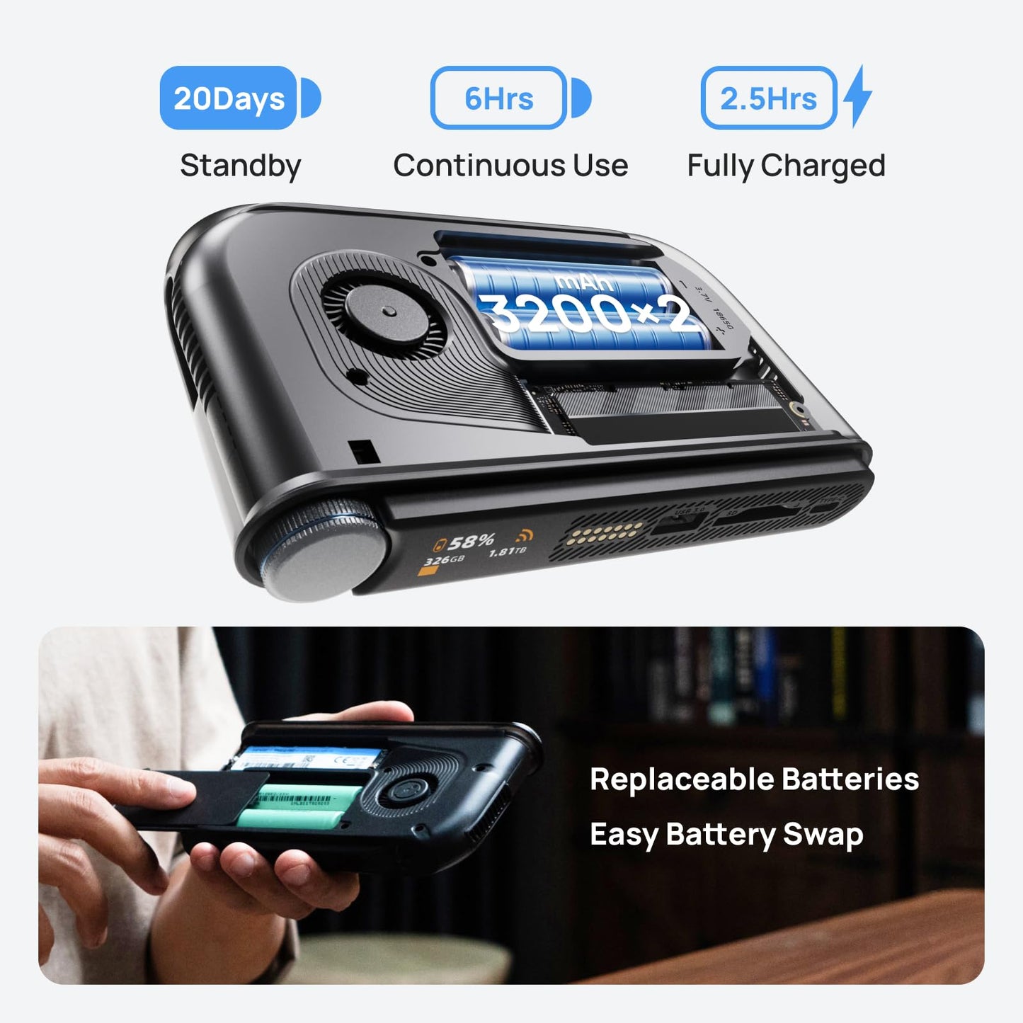 STATIONPC PocketCloud Portable NAS, M.2 NVMe & SD Card Slots, Up to 8TB Capacity (Diskless), One-Click Backup, Wi-Fi 6 Support, LCD Display & App Control, Dual 3200mAh Batteries for Outdoor Backup