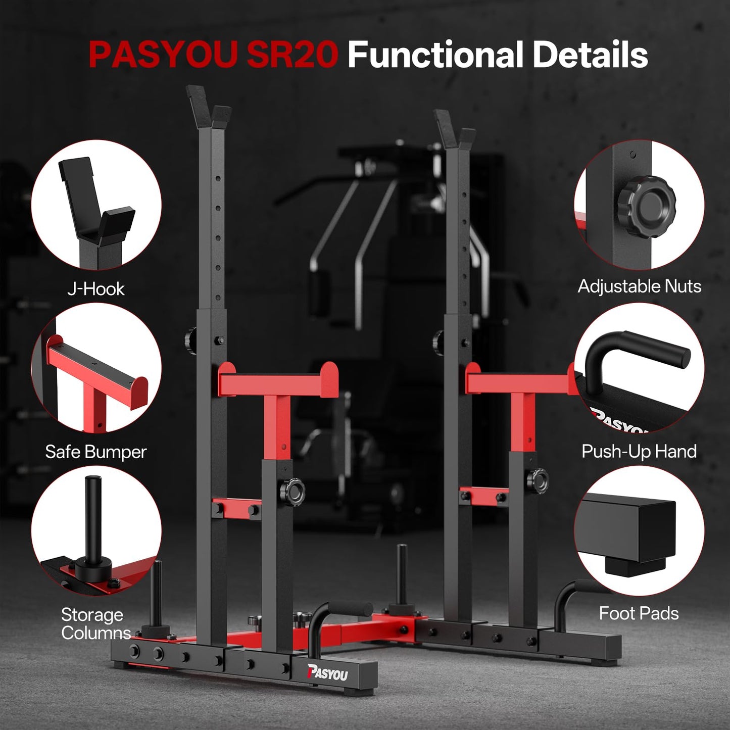 PASYOU Adjustable Squat Rack Stand, 1200 LBS Total Capacity Multi-Function Bench Press Station with Spotter Arms and Push-Up Handles Dumbbell Rack, for Home Gym Strength Training, Red