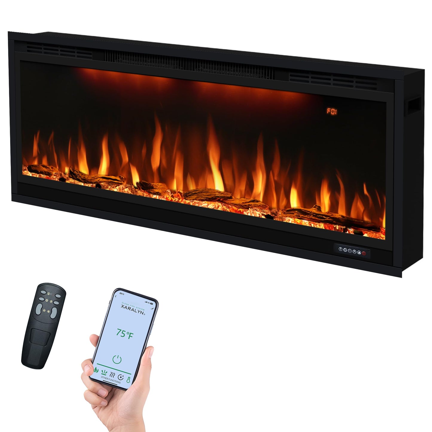 42 inch Smart Electric Fireplace WiFi-Enabled, Recessed &Wall Mounted Fireplace Inserts, Multicolor Flame w/Realistic Log &Crystals, Thermostat& Overheating Protection,Timer, 750W/1500W, Black