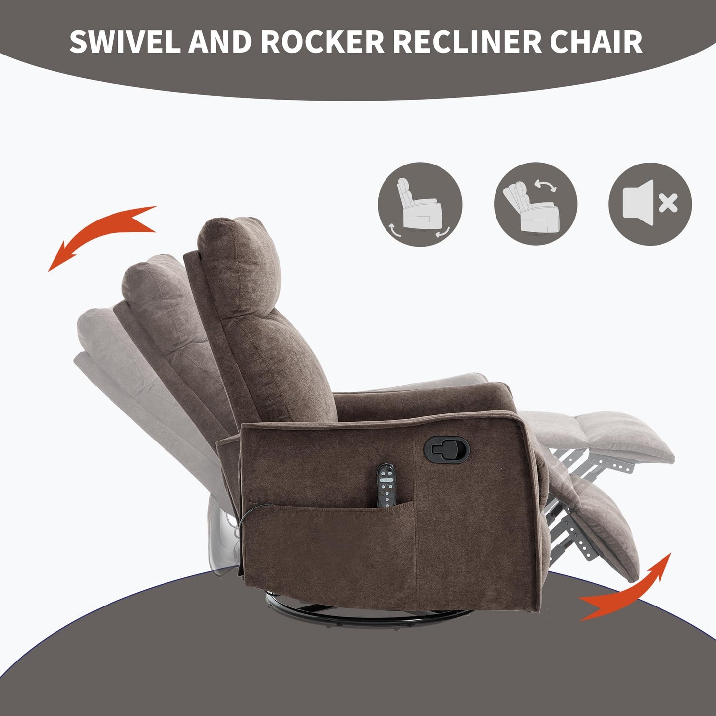 KEIKI 4-in-1 Manual Swivel Rocker Recliner Chair for Home Living Room, Polyester Chair with Back Massager & Heat, Home Theater Seating with Lumbar Support, Cozy Modern Style for Old Money, Brown