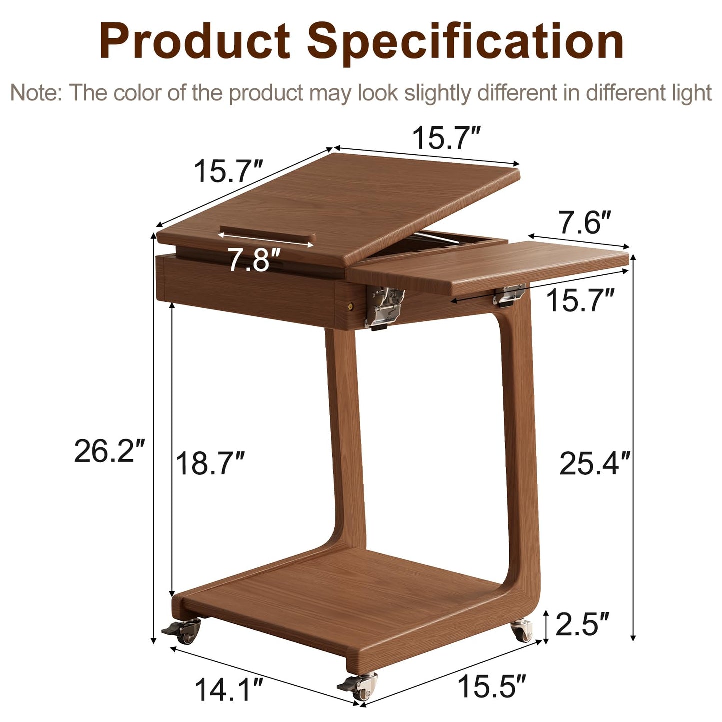 Solid Wood C Shaped End Table for Couch,Walnut C Table with Wheels,Rolling Side Table with Storage,Couch Desk with Adjustable Desktop,Rolling Tv Tray with Folding Shelf,Modern Couch Table