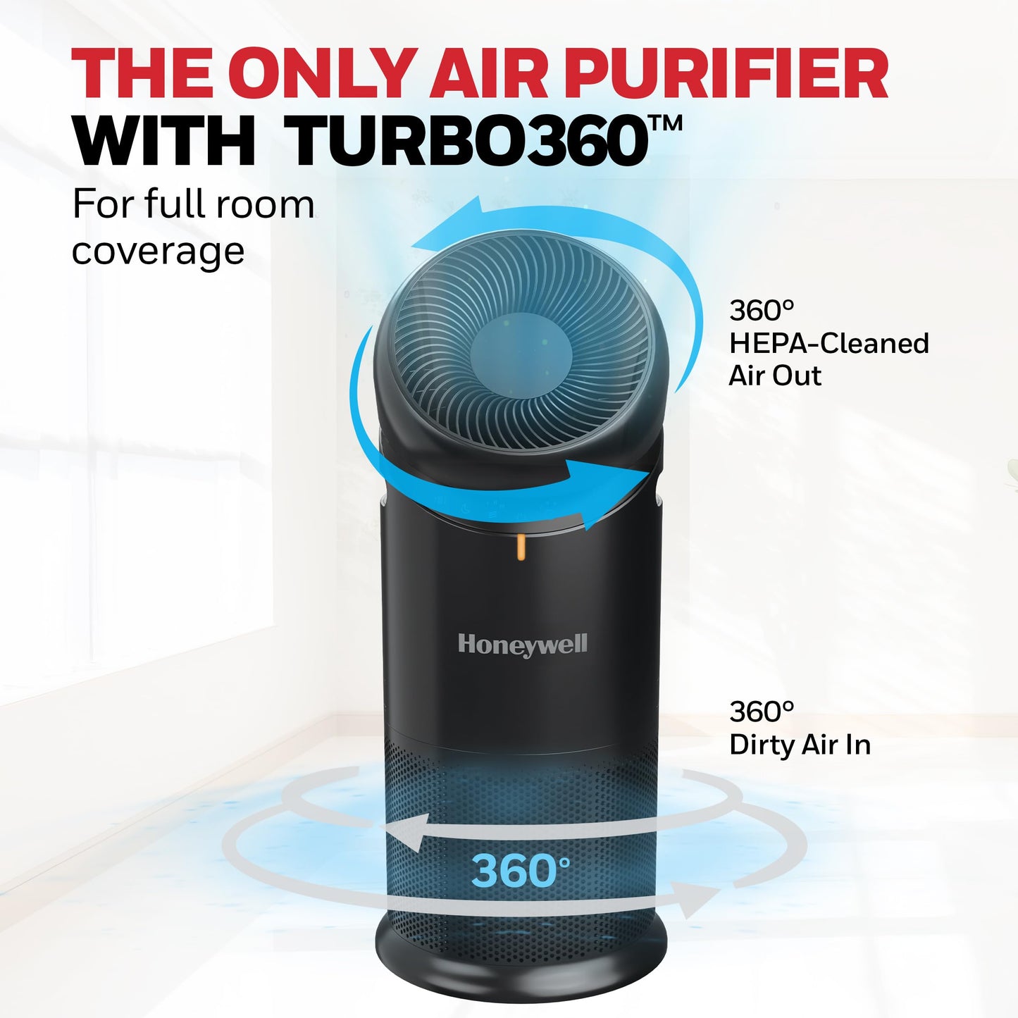 Honeywell Allergen Plus™ 3-in-1 HEPA Air Purifier, Standing Fan & Air Circulator, 1928 Ft² Rooms in 1 Hour, Quality Sensor, Sleep Mode, Reduces Allergens, Pet Dander, and Odors, Black, HPA6000B