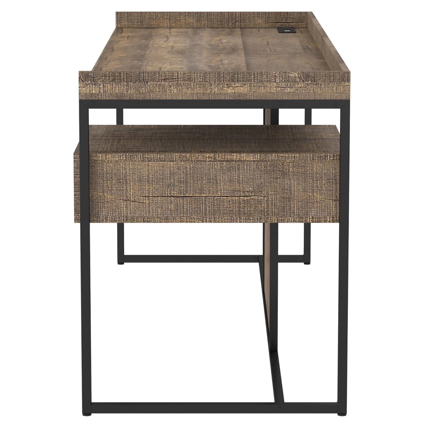 24/7 Shop at Home Lochlan Industrial 1 Drawer Metal Writing Desk with USB Port, Power Outlet, 1 Shelf for Workstation, Home Office, Study Room, Matte Black and Oak Brown