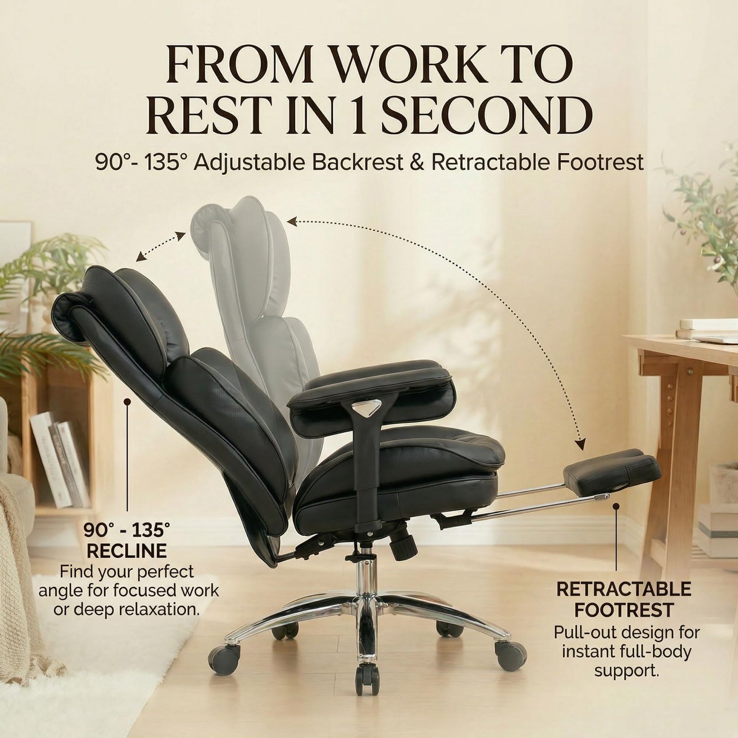 Efomao Big and Tall Office Chair 400lbs Capacity, Executive High Back Chair with 3-Angle Locking Recline and Footrest, Wide Double Padded Desk Chair for Home Office, Metal Frame, Black