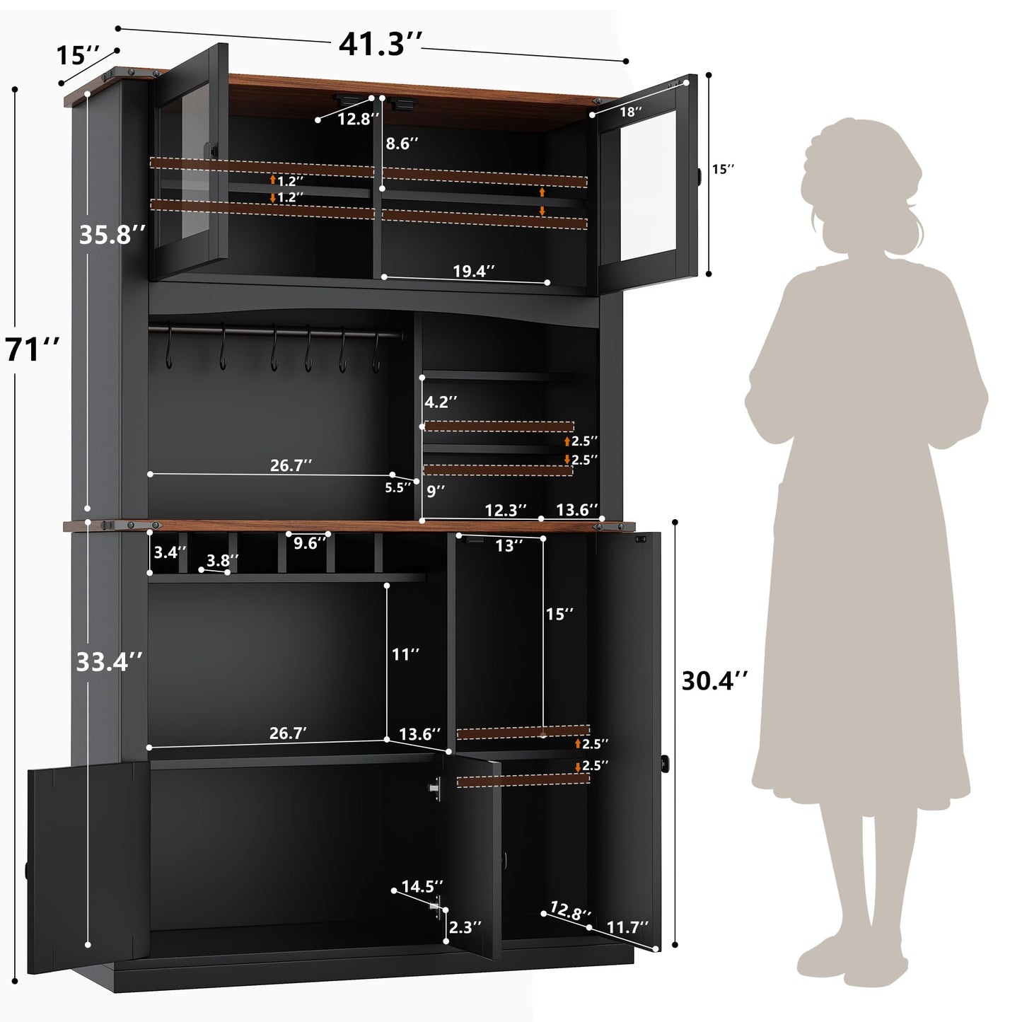 Einhomn 71" Tall Kitchen Pantry Cabinet with Charge Station, 3 Adjustable Shelves, Wine Rack and Glass Door, Kitchen Hutch for Dining Room, Kitchen and Living Room, Black