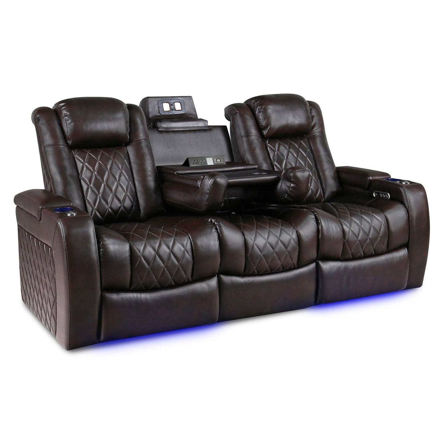 Valencia Home Theater Seating Tuscany 2025 3-Seat Power Recliner with Center Console - Top Grain Nappa 11000 Leather, Cool Gel Memory Foam, USB-C/A Charging, RGB Lights (Dark Chocolate)
