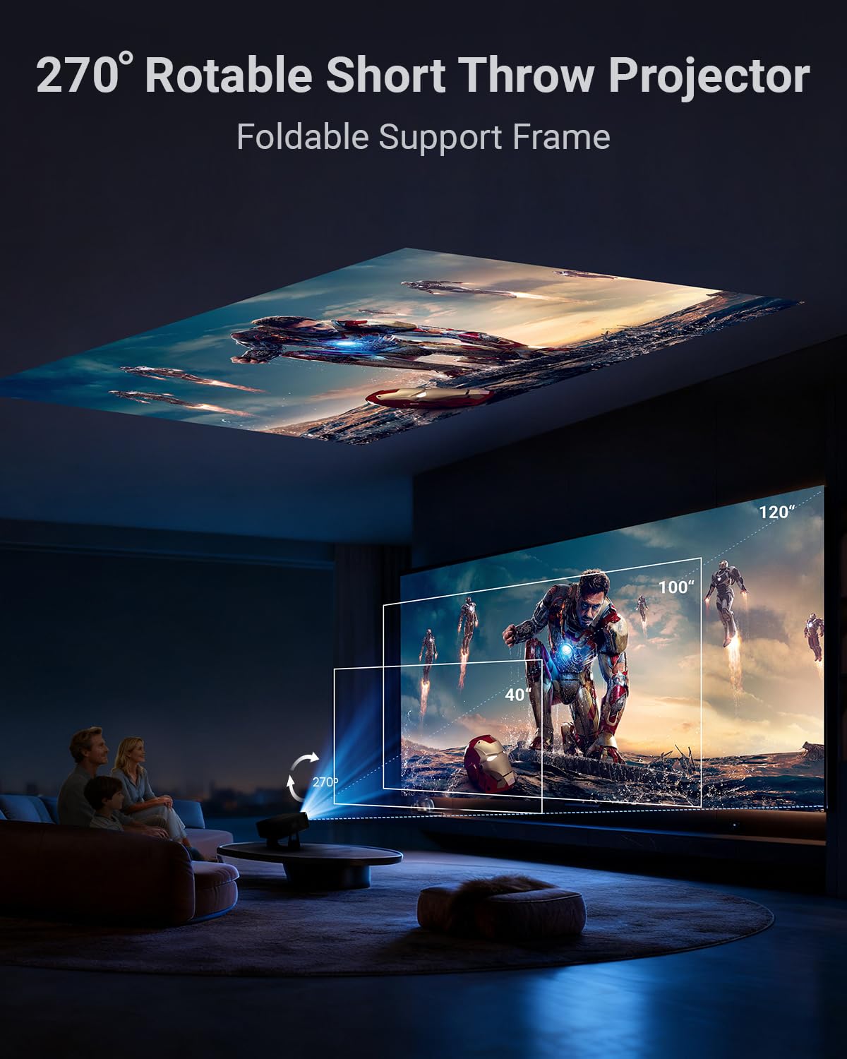 Smart Projector with WiFi and Bluetooth, Built-in Streaming Apps, Native 1080P, 4K Support, Auto Focus & Keystone, 210° Rotation, Movie Projector for Outdoor Bedroom Home Office