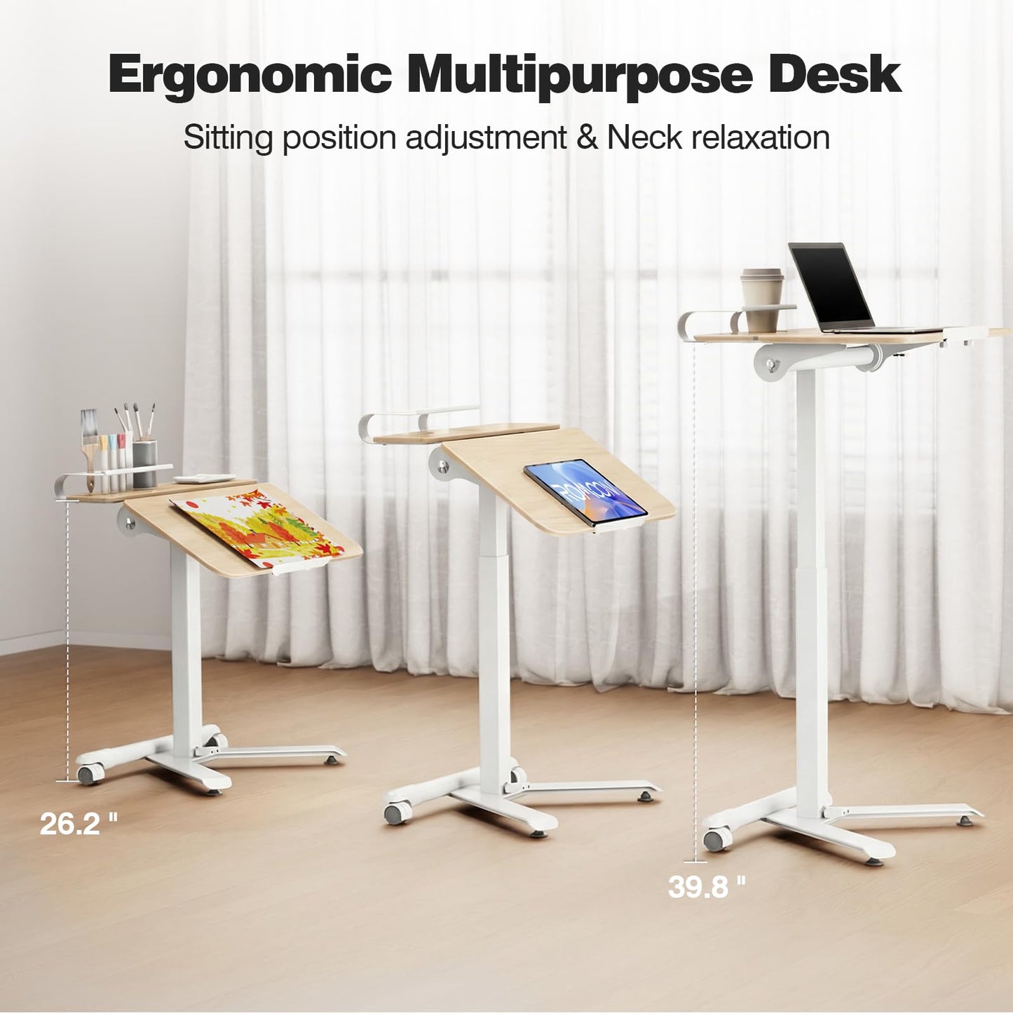 ROMOON Rolling Standing Desk with Wheels, Portable 24 inch Sit-Stand Laptop Cart with Tilt Top and Storage, Mobile Compact Workstation for Home Office and Small Spaces (Natural Oak)