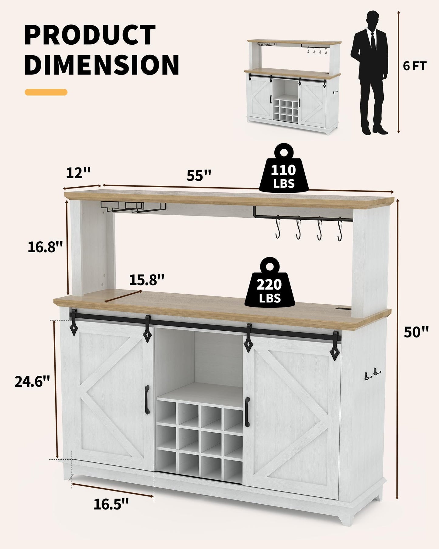 55 in Farmhouse Coffee Bar Cabinet with 3-Mode LED Light and Power Outlet - Large Kitchen Hutch with Sliding Barn Door - Wine Cabinets with Storage Drawers and Wine Glass Rack for Home and Living Rome