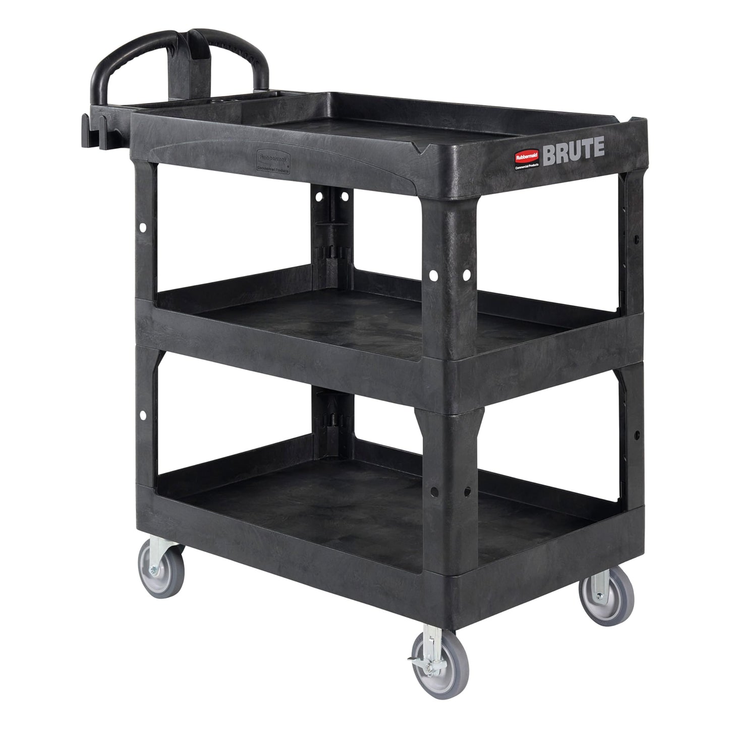 Rubbermaid Commercial Brute 3-Shelf Heavy-Duty Utility/Service Cart, Medium, High Storage, Lipped Shelves, Ergonomic Handle, 600 lb. Capacity, Ideal for Warehouse/Garage/Cleaning/Maintenance/Office