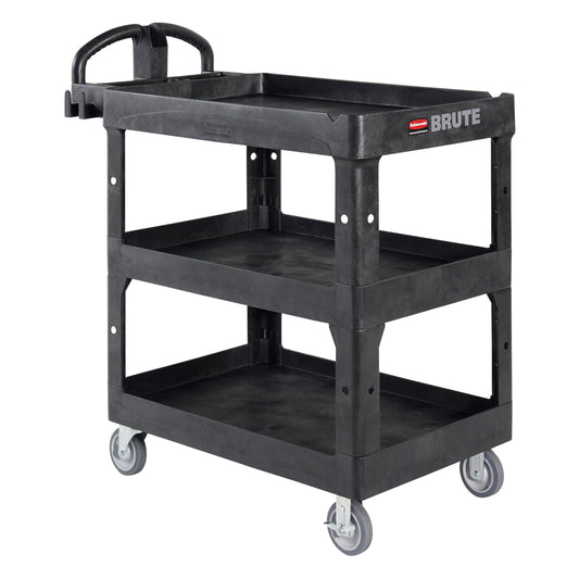 Rubbermaid Commercial Brute 3-Shelf Heavy-Duty Utility/Service Cart, Medium, High Storage, Lipped Shelves, Ergonomic Handle, 600 lb. Capacity, Ideal for Warehouse/Garage/Cleaning/Maintenance/Office