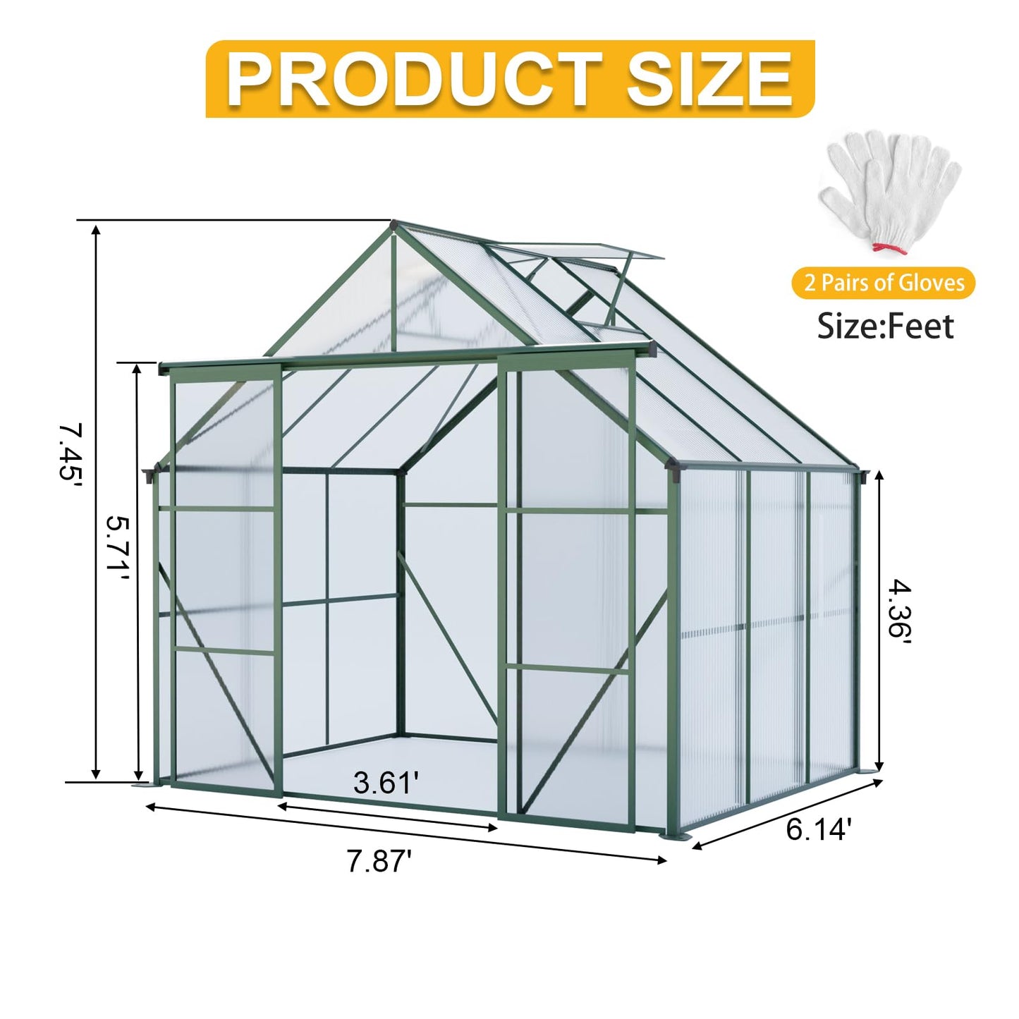 KEIKI 8x6 FT Double Door Polycarbonate Greenhouse with Aluminum Frame,Raised Base and Roof Vent,Walk-in Greenhouses for Patio Garden Backyard